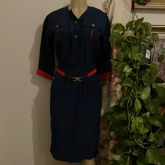 Vintage Dress Leslie Fay Petite Collection Blue with Red Sleeve Cuffs on Pockets - Picture 2 of 16